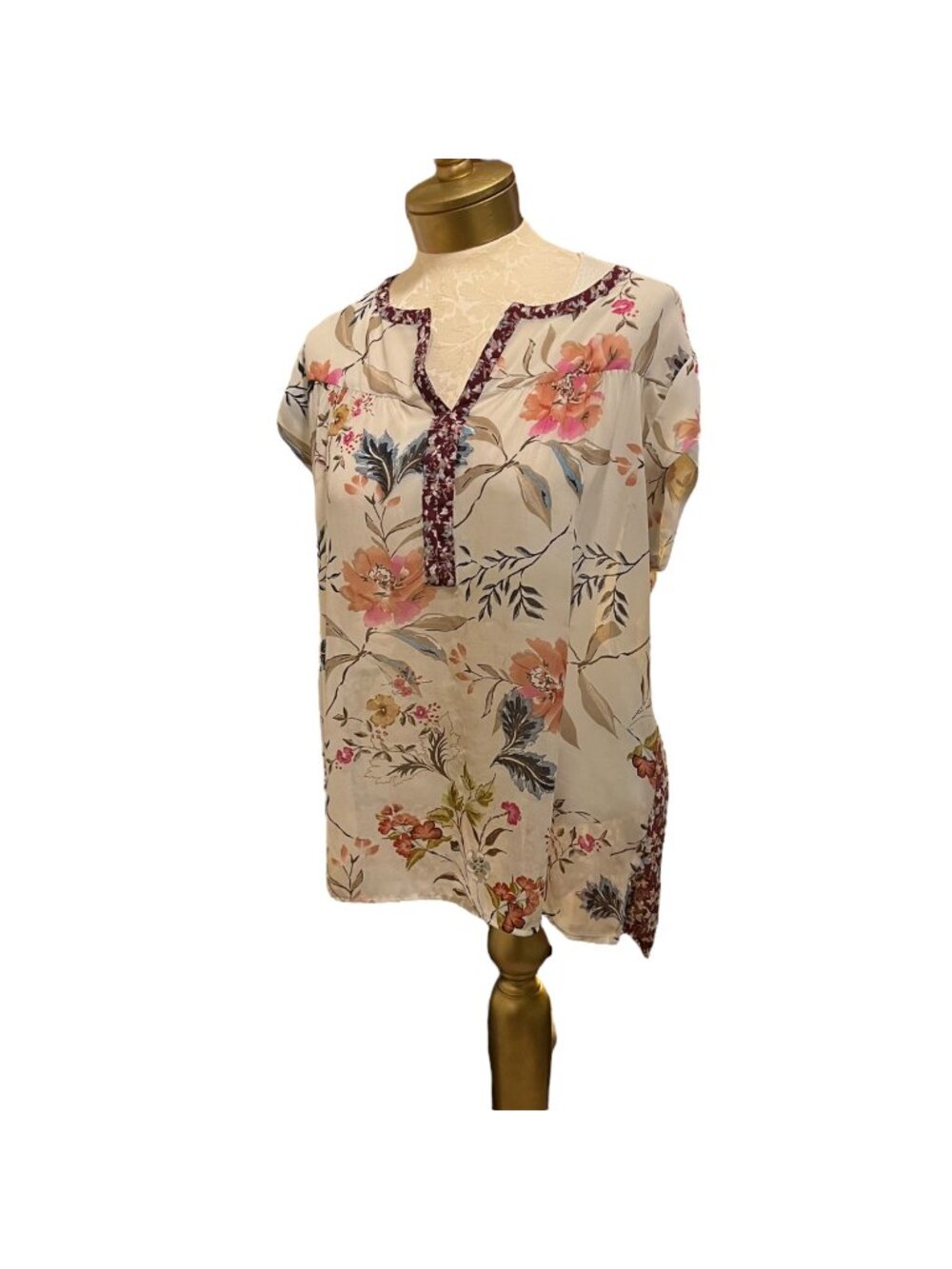 DR2 Floral Patchwork Print Short-Sleeve Blouse Womens Size L Sheer Polyester